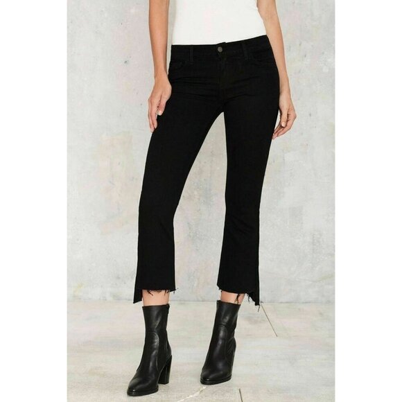Nasty Gal Apex Pistola Jet Black Denim Crop Relaxed Raw Hem Flare Jeans Size 27 - Picture 1 of 16